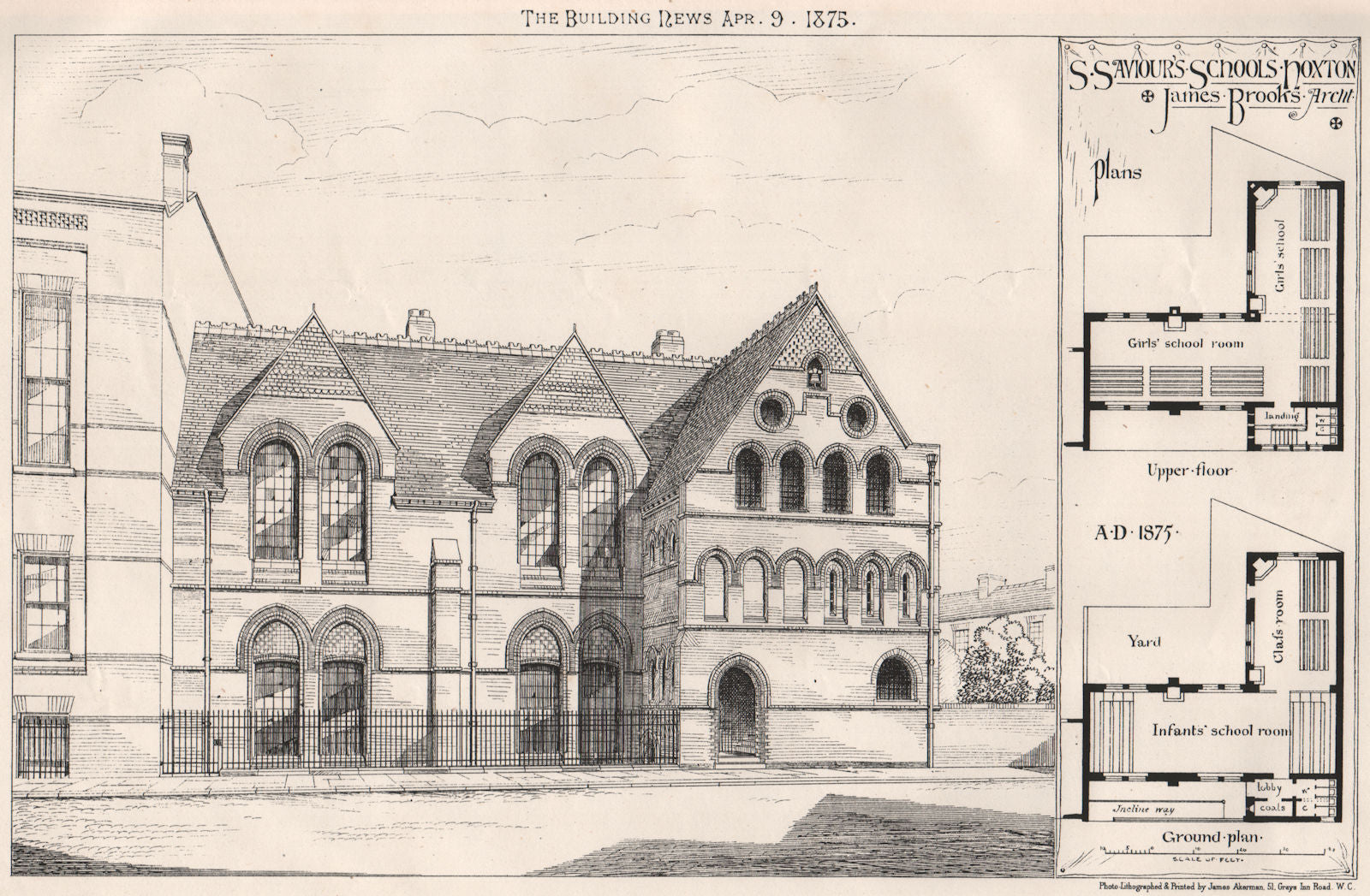 St. Saviour's Schools, Hoxton; James Brooks, Architect. London 1875 old print